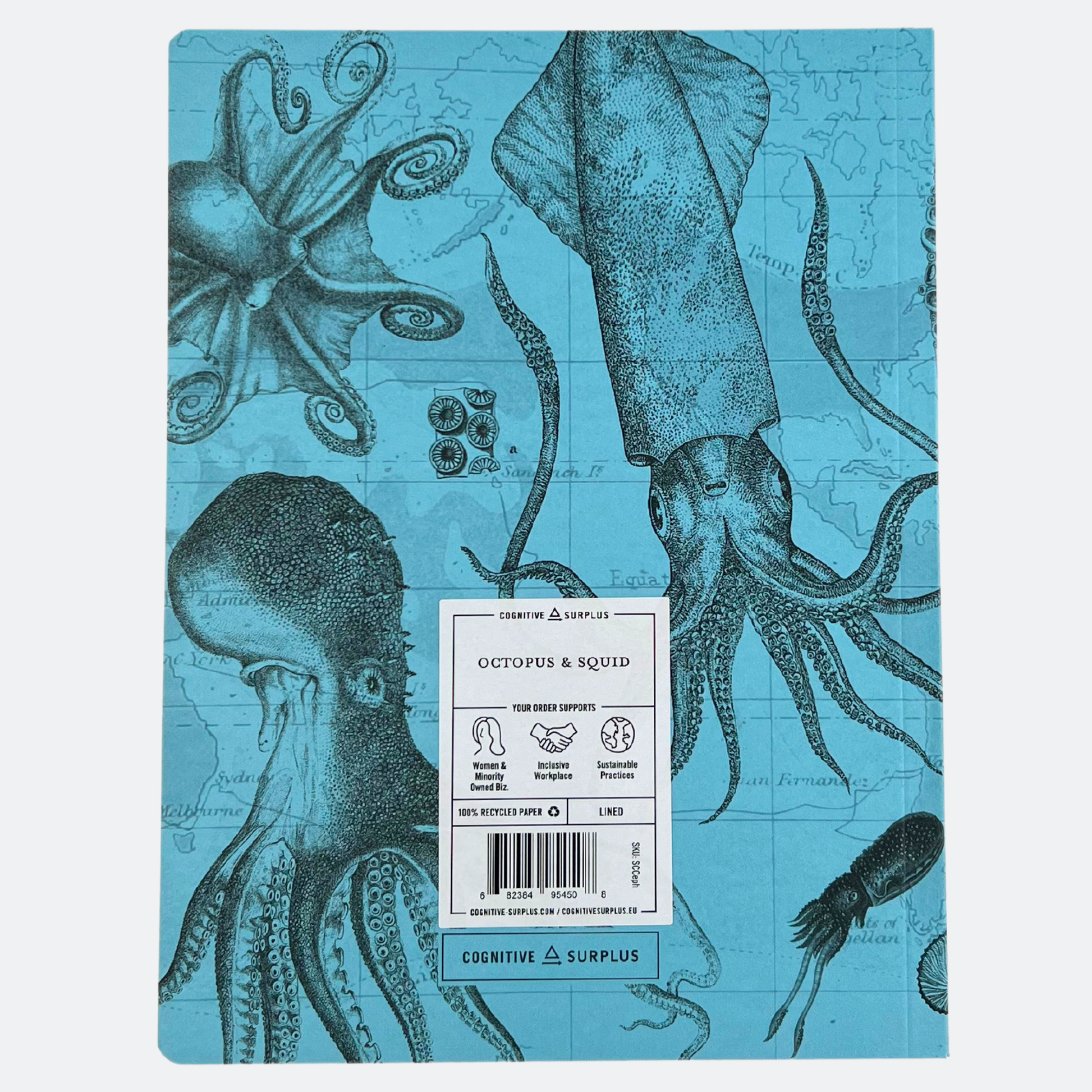 Baksida av anteckningsboken Marina Djur med blå bakgrund och detaljerade illustrationer av bläckfiskar i olika arter och positioner.